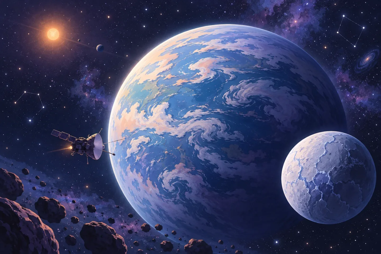 Ilustración de una sonda, un planeta oceánico imaginario y una luna helada